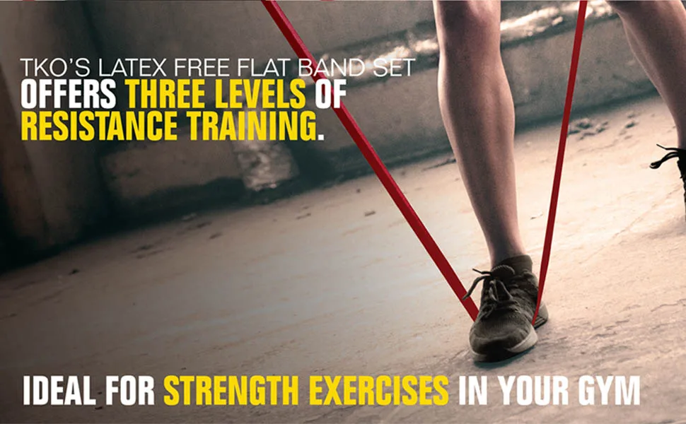 TKO Resistance Bands Set - 3 Pack - Flat Elastic Exercise Gear for Women Men - Fitness Workout Light Medium Heavy Levels 3 Pack RYB (Heavy Medium Light) - TKO Latex Free Flat Band