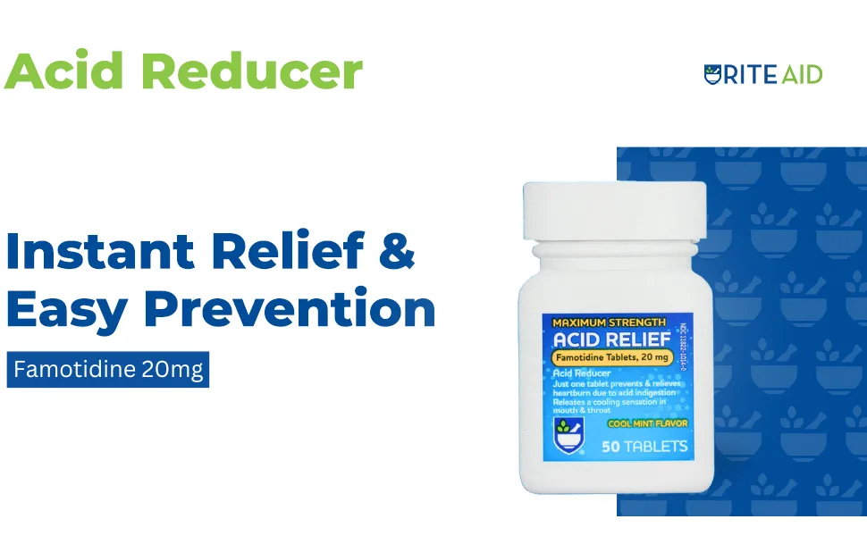 Rite Aid Acid Reducer Maximum Strength Famotidine Tablets 20 mg - 50 Count Total (Cool Mint) | Pills for Heartburn Relief | Acid Reflux - famoiidne