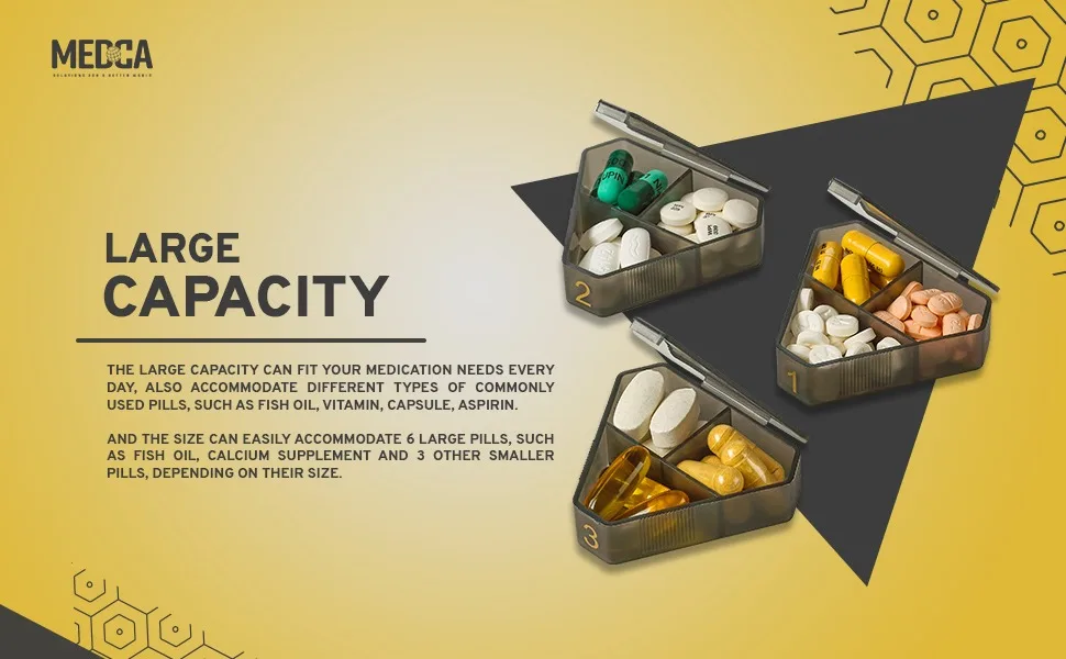 MEDCA Moisture Proof Weekly Stackable Pill Organizer - BPA Free Weekly Pill Box Case with 3 Daily Compartments - Black Pill Box to Store Pills Vitamins Supplements - capacity