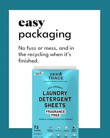 Zero Trace All Natural Laundry Detergent Sheets - Fragrance Free Eco Friendly 72 Count Fragrance Free 72 Count (Pack of 1) - Detergent Sheet