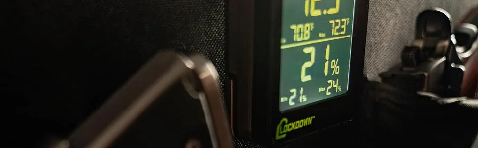 LOCKDOWN Digital Hygrometer with Convenient Design, Backlit Screen and Min/Max Reading for Temp and Humidity Monitoring in Safes, Rooms, Cases and Cabinets Wireless - Spika Cedar Mill Colcase Urpower Hyskore Gunhold Keeper SentrySafe Stack On SnapSafe Waykar