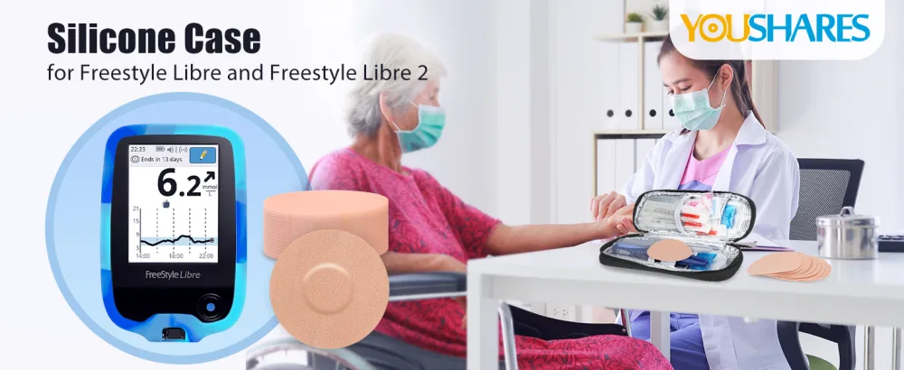 YOUSHARES Silicone Case for Libre 2 Reader with 20 Packs Beige Libre 2 Sensor Patches Waterproof Anti-Drop Scratches Protective Case for Adhesive Patches Sensor (Blue & White) - The silicone case for Libre 2 reader diabetic sensor covers with Adhesive Patches