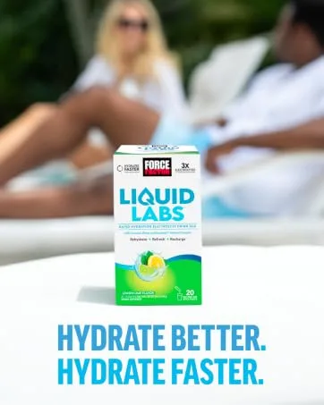 FORCE FACTOR Liquid Labs Electrolytes Powder Packets Lemon Lime Hydration Packets to Make Electrolyte Water with 5 Essential Electrolytes Vitamins Minerals and Antioxidants 20 Stick Packs 20 Servings (Pack of 1) - hydrate better. hydrate faster