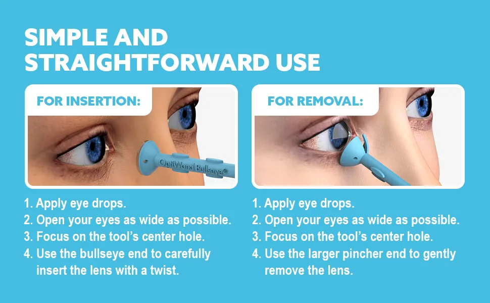 Trial Pack Portable Soft Contact Lens Insertion & Removal Tools - Silicone Rubber Eye Lens Inserter & Remover Device with Pincher End & Finger Grips - Safe & Easy to Use - optiwand bullseye