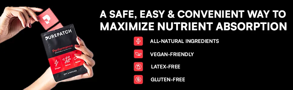 Pure Patch Performance Topical Nutrition Patch - Amino Acids Electrolytes Blend Caffeine Energy & Active Recovery Supplement - Wearable 12 Hour Sticker Patch - 6 Pack - A Safe, Easy & Convenient Way to Maximize Nutrient Absorption