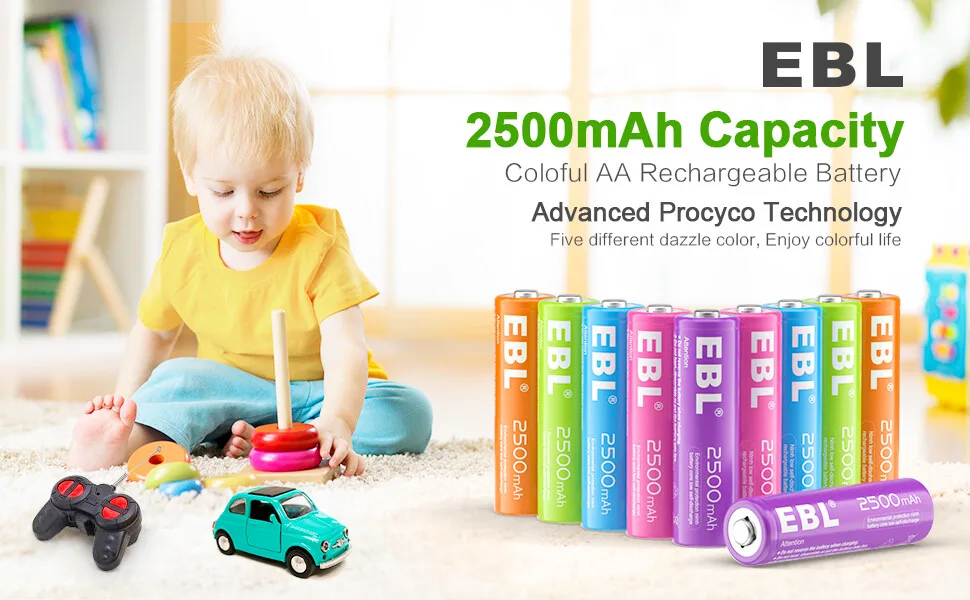 EBL AA Rechargeable Battery 10 Pack 2500mAh Ni-MH Double A Pre-Charged Rechargeable Batteries (10 Pack 5 Colors in a Box) - aa, aa batteries, rechargeable aa