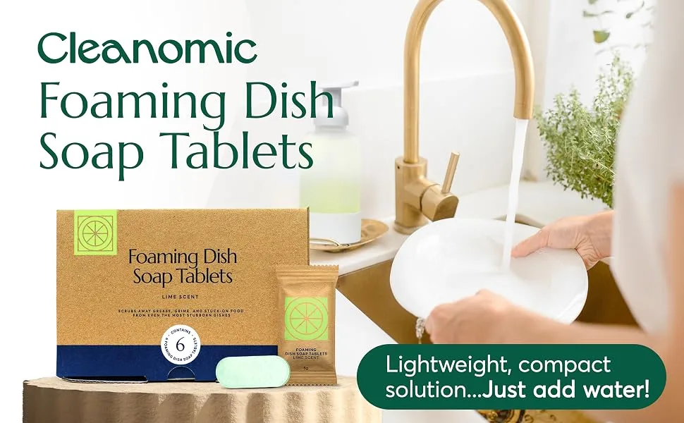 CLEANOMIC Foaming Dish Soap Tablets (6 Pack) - Dish Soap for Manual Dish Washing 6 Concentrate Tablets for Dish Washing (Lime Scent) 6 Count (Pack of 1) - dish soap tablets