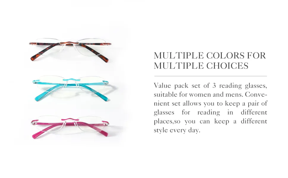 EFE Unbreakable Reading Glasses Women Rimless Frameless Blue Light Blocking Lightweight Reader 3 Pack (Mixcolor 3.0) 3 Pack Mixcolor 3.0 x - blue blocker reading glasses