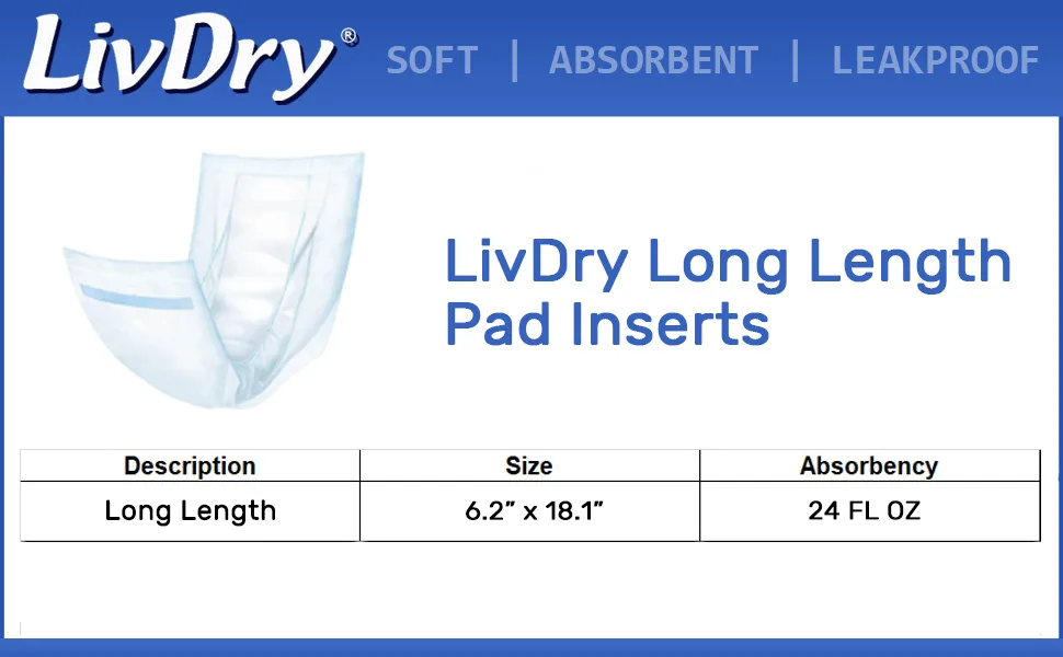 LivDry Incontinence Pad Insert Long Length, Protection for Men and Women, Extra Absorbency with Odor Control (30 Count) - long