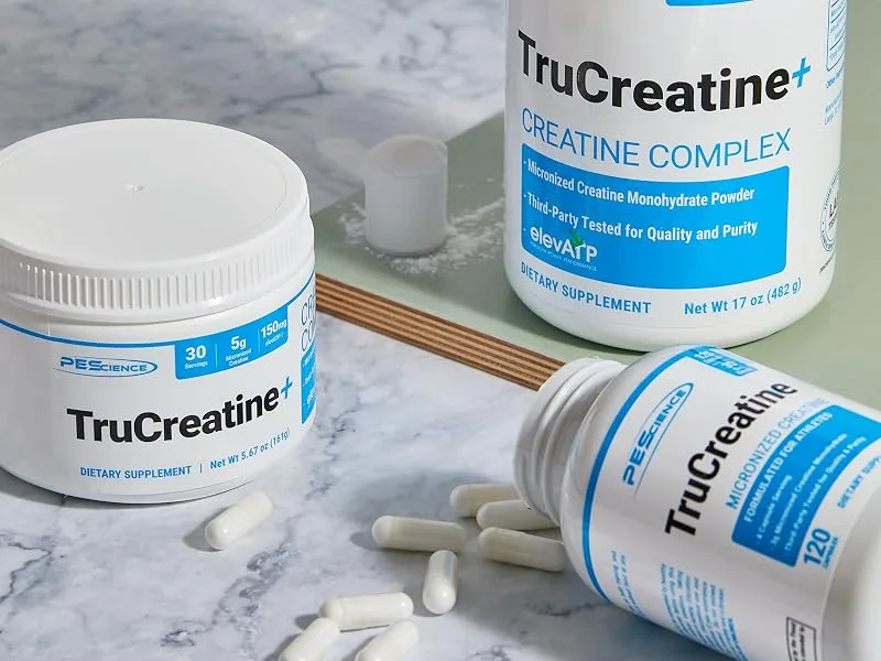 PEScience Trucreatine Capsules 120 Capsules Creatine Monohydrate Supplement 120 Count (Pack of 1) - Trucreatine powder and capsules on table