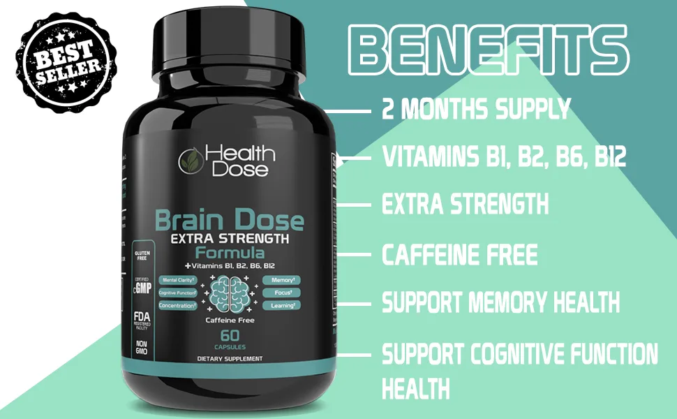 Brain Dose Premium Nootropics - Mental Focus Natural Energy & Vitamins - Caffeine-Free 60-Count - for Men & Women. 1 - BENEFITS BRAIN