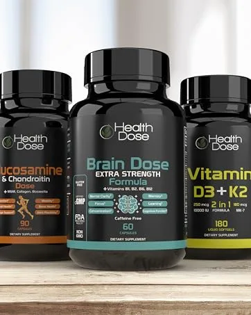 Brain Dose Premium Nootropics - Mental Focus Natural Energy & Vitamins - Caffeine-Free 60-Count - for Men & Women. 1 - Glucosamine & Chondroitin - Brain Dose - Vitamin D3 + K2