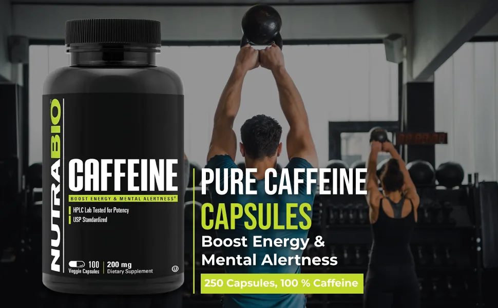 NutraBio 100% Pure Caffeine Capsules (250 Capsules) 250 Count (Pack of 1) - NutraBio Pure Caffeine Capsules (250 Capsules)