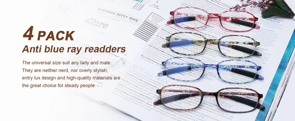 AQWANO 4 Pack Computer Reading Glasses Blue Light Blocking Lightweight TR90 Flexible Frame UV Protection Readers for Women Men +2.0 4 Pack 2.0 x - Reading Glasses for Women Men Computer Blue Light Block Durable Flexible Readers