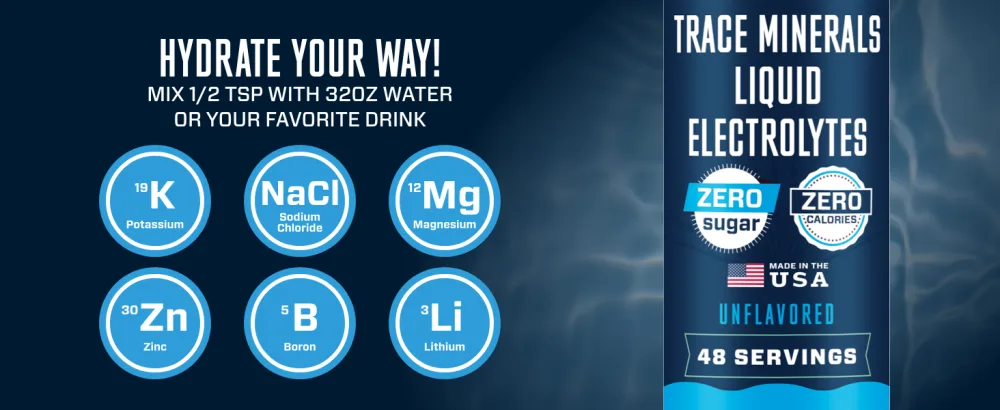 KEY NUTRIENTS Trace Minerals Liquid Electrolytes for Hydration Recovery 4oz - Electrolyte Drops Electrolyte Water Keto Electrolytes - Mineral Drops for Drinking Water - icons of ingredients and instructions on how to mix
