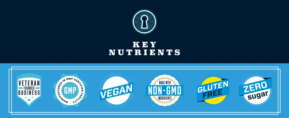 KEY NUTRIENTS Trace Minerals Liquid Electrolytes for Hydration Recovery 4oz - Electrolyte Drops Electrolyte Water Keto Electrolytes - Mineral Drops for Drinking Water - Key Nutrients brand banner with badges, veteran owned, GMP, vegan, non GMO