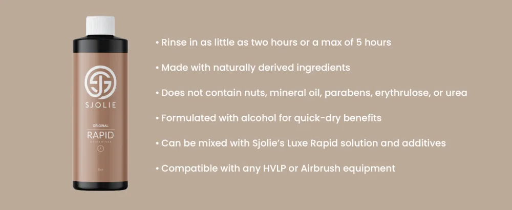 SJOLIE Rapid Spray Tan Solution - Ultra One Hour Express Tan - Olive Base | Sunless Tanner for a Fast Drying Vegan-Friendly Radiant Glow (8oz) 8 Fl Oz (Pack of 1) - Golden brown spray tan solution bottle with key features listed