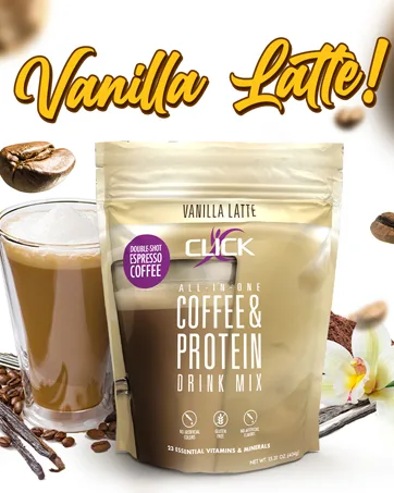 CLICK All-in-One Protein & Coffee Meal Replacement Drink Mix Vanilla Latte 10 Single Serving Packets (1.1 Ounce) (Vanilla Latte) - protein powder coffee drinks shakes super high clean low carb keto friendly vitamin iced hot