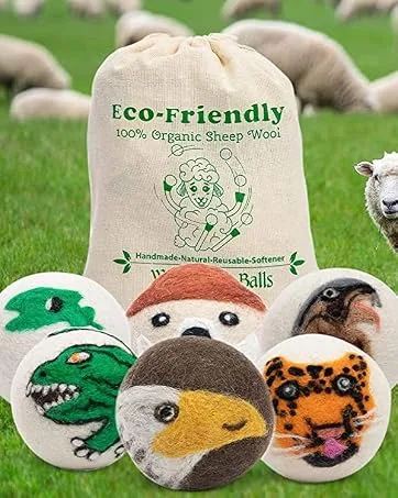Wool Dryer Balls - Dry 1 000 Loads - 6 Pack Eco - Friendly Zero Waste - Organic Handmade in Nepal - Fair Trade by Woolygon Aninal Faces - Dryer Balls