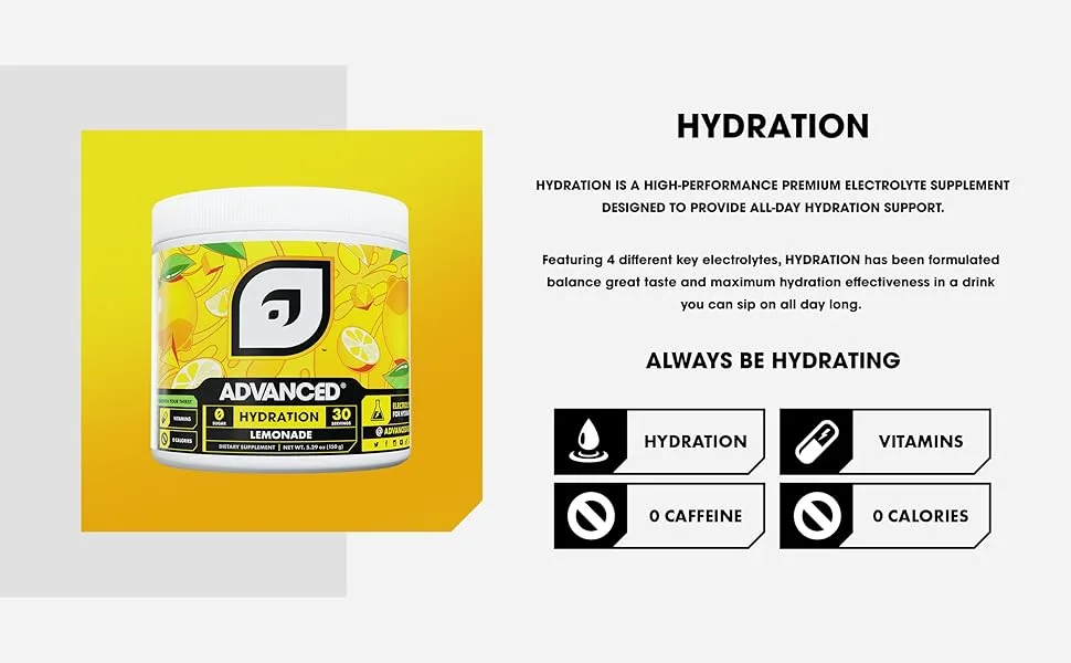 Hydration by ADVANCED - High-Performance Electrolyte Drink Mix With B Vitamins For All-Day Hydration - Caffeine Free Zero Calories Sugar Free & Keto Friendly - (30 Servings Lemonade) - powder hydration drink keto liquid electrolytes hangover electrolyte mix magnesium sugar free