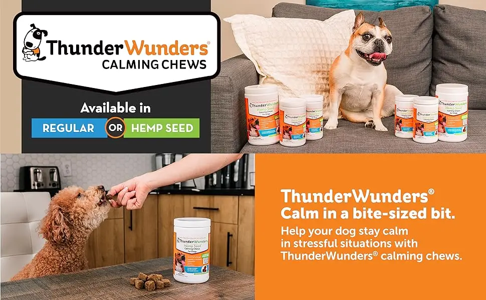 ThunderWunders Dog Calming Chews | Thiamine L-Tryptophan Melatonin and Ginger | Can Help Relieve Stress from Separation Storms Fireworks & Travel (180 Count) 19 Ounce (Pack of 1) - ThunderWunders are available in both regulat and hemp seed variaties.