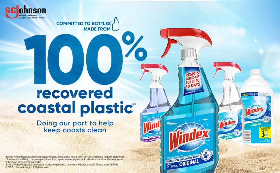 Windex Refill Original Blue Glass and Window Cleaner Bottles + 1 Reusable Spray Trigger Surface Cleaning Spray Original Blue Scent 32 Fl Oz (Pack of 3) - 100% recovered coastal plastic