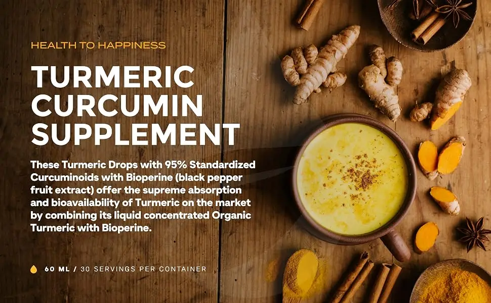 Liquid Turmeric Curcumin with Bioperine offering Best Absorption. Turmeric Extract with Black Pepper for Back, Knees and Hand Discomfort. Turmeric Drops for Joint Support - TURMERIC CURCUMIN SUPPLEMENT