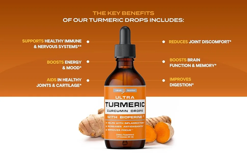 Liquid Turmeric Curcumin with Bioperine offering Best Absorption. Turmeric Extract with Black Pepper for Back, Knees and Hand Discomfort. Turmeric Drops for Joint Support - turmeric drops