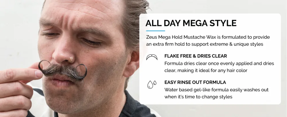 ZEUS Mustache Styling Wax Mega Hold Water Based Moustache Wax for Men (3 PACK) 3 Count - mega hold all day flake free dries clear rinses out formula