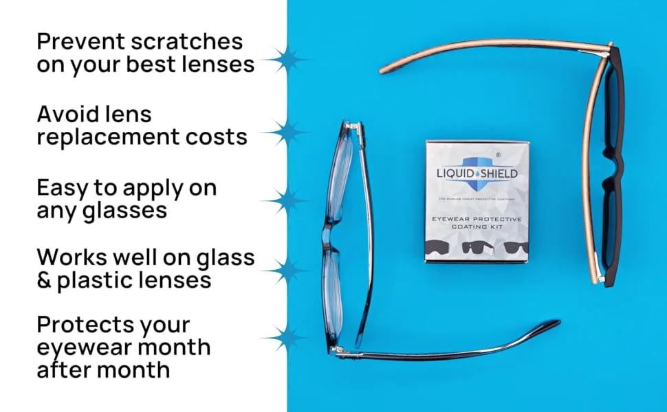Liquid Shield Eyewear Protective Coating Kit  Eye Glasses Lens Cleaner - Includes Microfiber Suede Cleaning Cloth, Silk Cloth  Prevents Scratches on Sunglasses, Delicate Surfaces - Liquid Shield liquid glass shield prevents scratches on your plastic and glass eyewear lens
