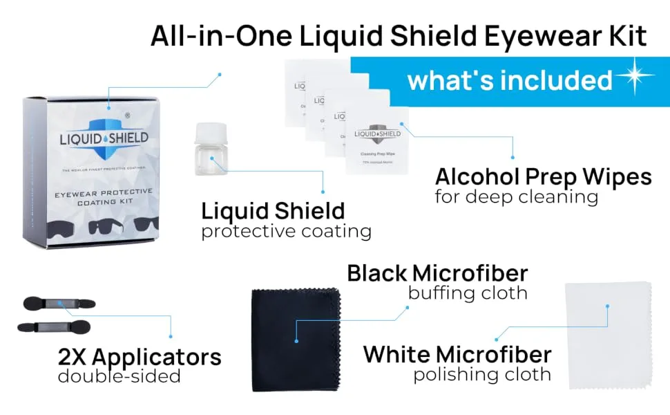Liquid Shield Eyewear Protective Coating Kit  Eye Glasses Lens Cleaner - Includes Microfiber Suede Cleaning Cloth, Silk Cloth  Prevents Scratches on Sunglasses, Delicate Surfaces - More than a sunglasses cleaning kit, Liquid Shield acts like ceramic or crystal diamond coating