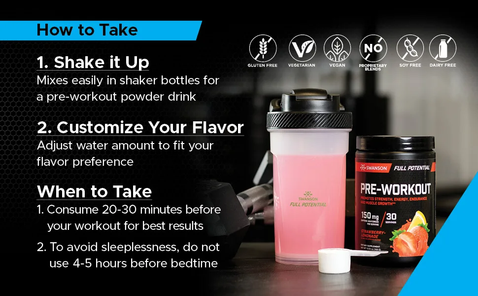 Swanson Full Potential Pre-Workout - Strawberry Lemonade (2 Pack) Strawberry Lemonade 13.02 Ounce (Pack of 2) - Directions