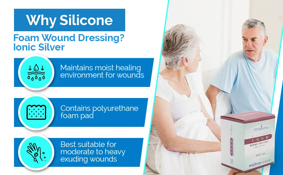 Simpurity Silicone Foam Wound Dressing with Ionic Silver 2" x 2" Box of 12 - silver silicone foam