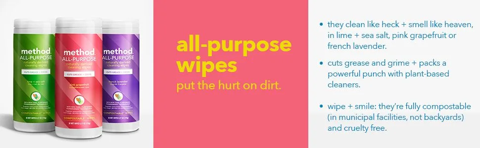 Method All-Purpose Cleaning Wipes Pink Grapefruit Multi-Surface Compostable 70 Count (Pack of 6) Pink Grapefruit 70 Count (Pack of 6) - all purpose wipes, cleaning wipes