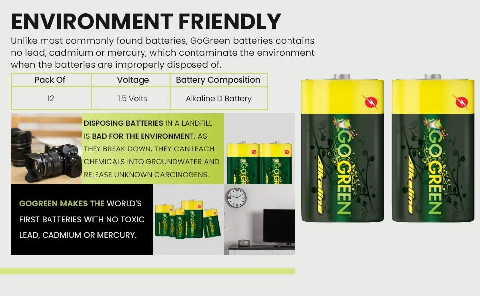 GoGreen Power (24014) Eco Friendly Alkaline D Batteries - No Lead Cadmium or Mercury - Pack of 12 - GoGreen Power (24014) Alkaline D Batteries - No Lead, Cadmium or Mercury - Pack of 12