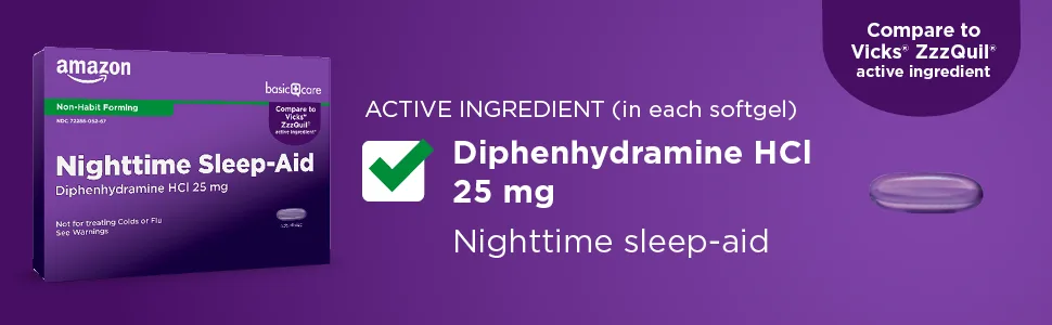 Amazon Basic Care Sleeptime Nighttime Sleep-Aid Softgels Diphenhydramine HCl 25 mg Relieves Occasional Sleeplessness 48 Count 48 Count (Pack of 1) - amazon basic care sleep aid, diphenhydramine HCl 25 mg