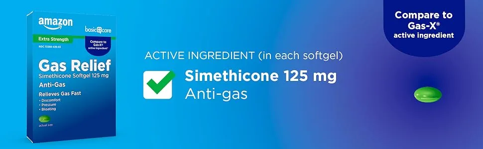 Amazon Basic Care Gas Relief Softgels Simethicone 125 mg Extra Strength Antigas 30 Count (Pack of 2) - Amazon Basic Care Extra Strength Gas Relief softgels
