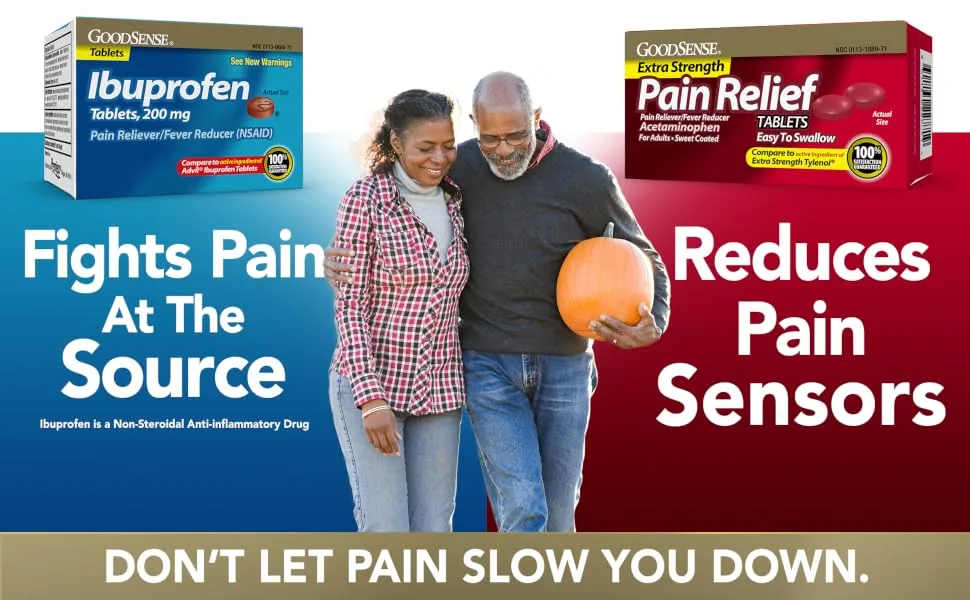 GoodSense Extra Strength Acetaminophen Caplets 500 mg Pain Reliever and Fever Reducer 100 Count 50 Pouches of 2 Caplets - ibuprofen vs Acetaminophen