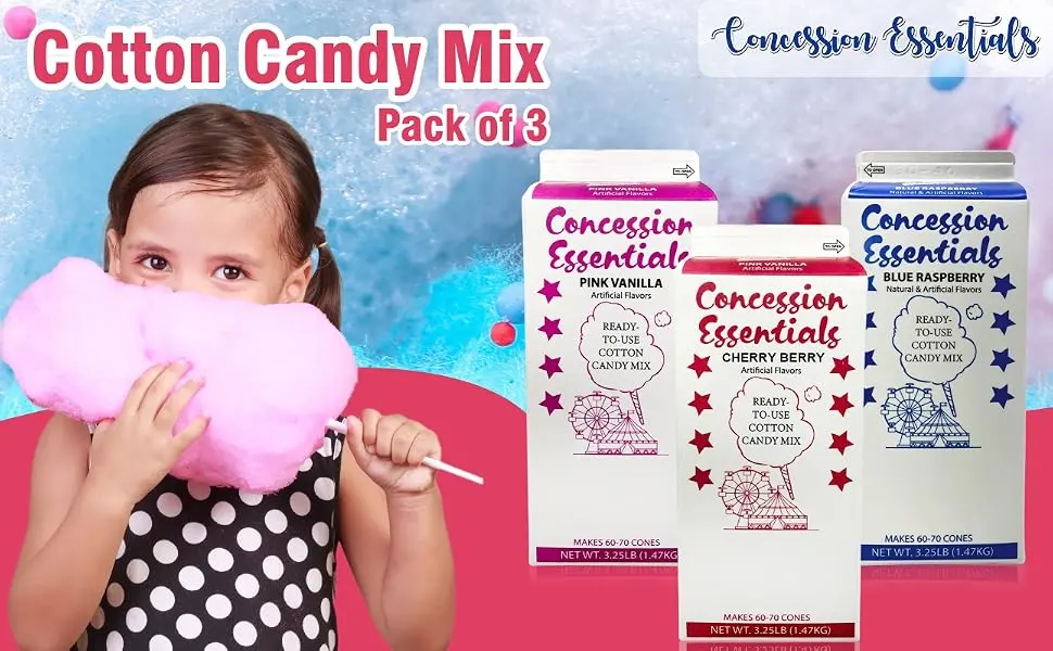 Cotton Candy Floss Sugar Concession Essentials. Blue Raspberry Cherry Pink Vanilla - 3.25 lbs Per Carton. Total 9.75lbs 1 Count (Pack of 3) - Cotton Candy Floss Sugar
