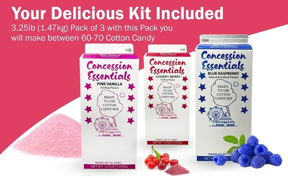 Cotton Candy Floss Sugar Concession Essentials. Blue Raspberry Cherry Pink Vanilla - 3.25 lbs Per Carton. Total 9.75lbs 1 Count (Pack of 3) - Cotton Candy Floss Sugar