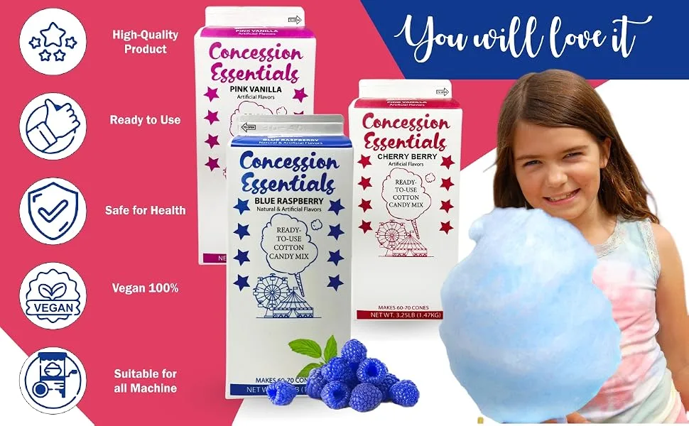 Cotton Candy Floss Sugar Concession Essentials. Blue Raspberry Cherry Pink Vanilla - 3.25 lbs Per Carton. Total 9.75lbs 1 Count (Pack of 3) - Cotton Candy Floss Sugar