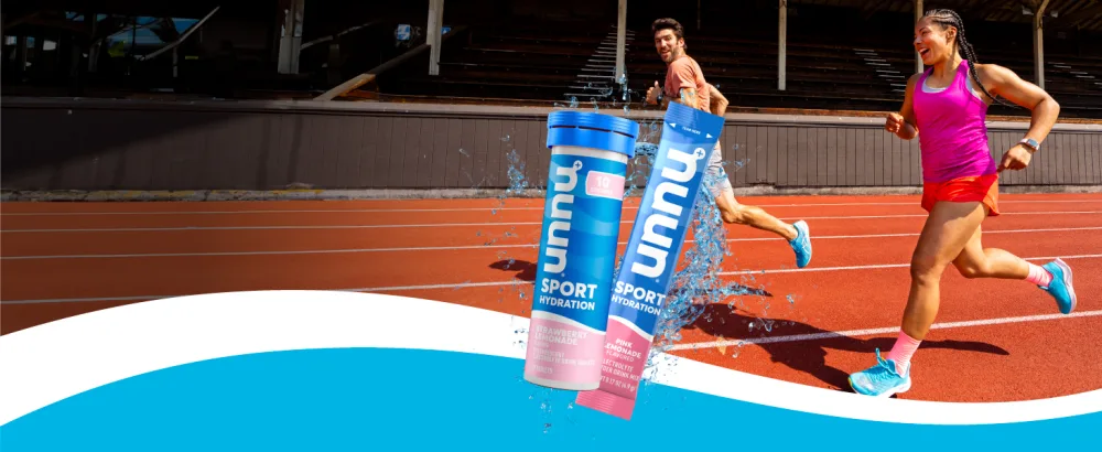 Nuun Hydration Electrolyte Tablets - Dissolvable in Water Complete Pack | 5 Essential Electrolytes for Hydration | 1g Sugar Drink Mix | Vegan Non-GMO | 4 Pack (40 Total Servings) - people running on a track with nuun sport