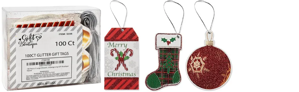 100 Large Gift Tags for Christmas with Ribbon Tie Strings 10 Glitter Foil Design Personalized Holiday Name Write On Write On Labels for Packages - 100 Large Gift Tags for Christmas with Ribbon Tie Strings