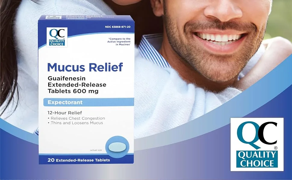 Quality Choice 12 Hour Mucus Relief Expectorant Guaifenesin 600 mg Extended Release Tablets Chest Congestion & Mucus Control 20 Count - Quality Choice Guaifenesin Extended Relief Mucus Relief Tablets