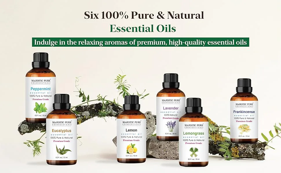 Majestic Pure 100% Pure Essential Oils Set - 6 x 10ml (Peppermint Lavender Eucalyptus Tea Tree Lemongrass) For Diffusers Aromatherapy Candles Humidifiers Pure & Natural Essential Oil Set - B0C6XVFJPZ