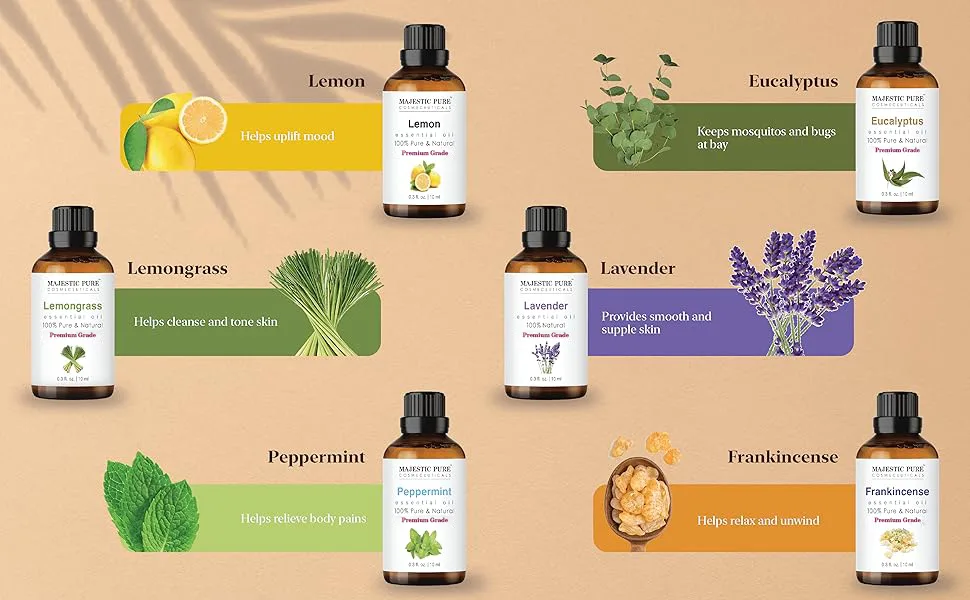 Majestic Pure 100% Pure Essential Oils Set - 6 x 10ml (Peppermint Lavender Eucalyptus Tea Tree Lemongrass) For Diffusers Aromatherapy Candles Humidifiers Pure & Natural Essential Oil Set - B0C6XVFJPZ