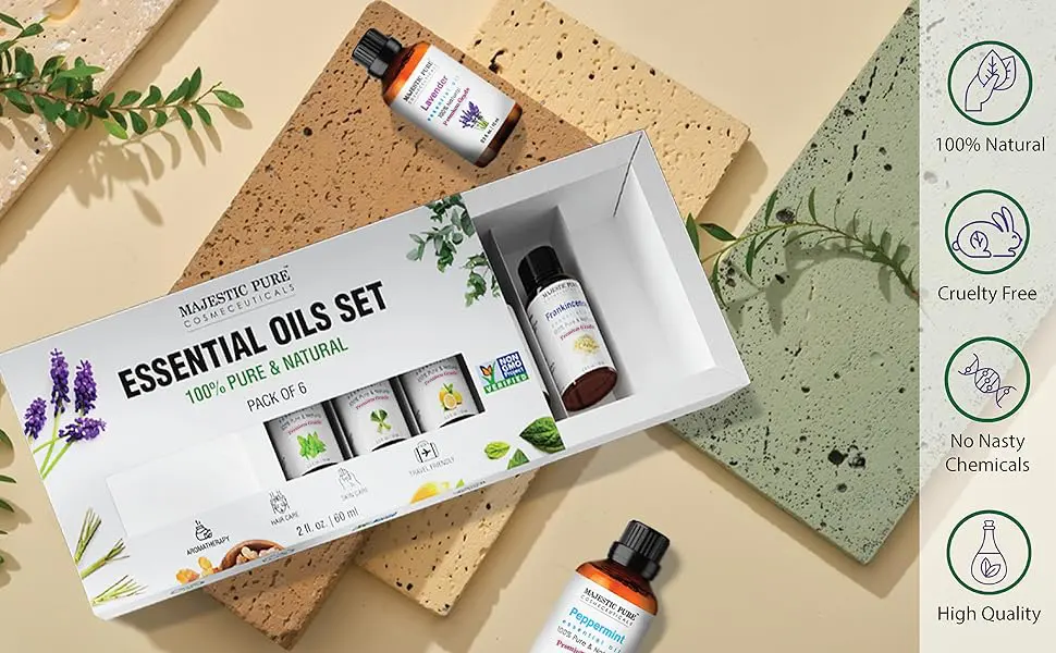 Majestic Pure 100% Pure Essential Oils Set - 6 x 10ml (Peppermint Lavender Eucalyptus Tea Tree Lemongrass) For Diffusers Aromatherapy Candles Humidifiers Pure & Natural Essential Oil Set - B0C6XVFJPZ