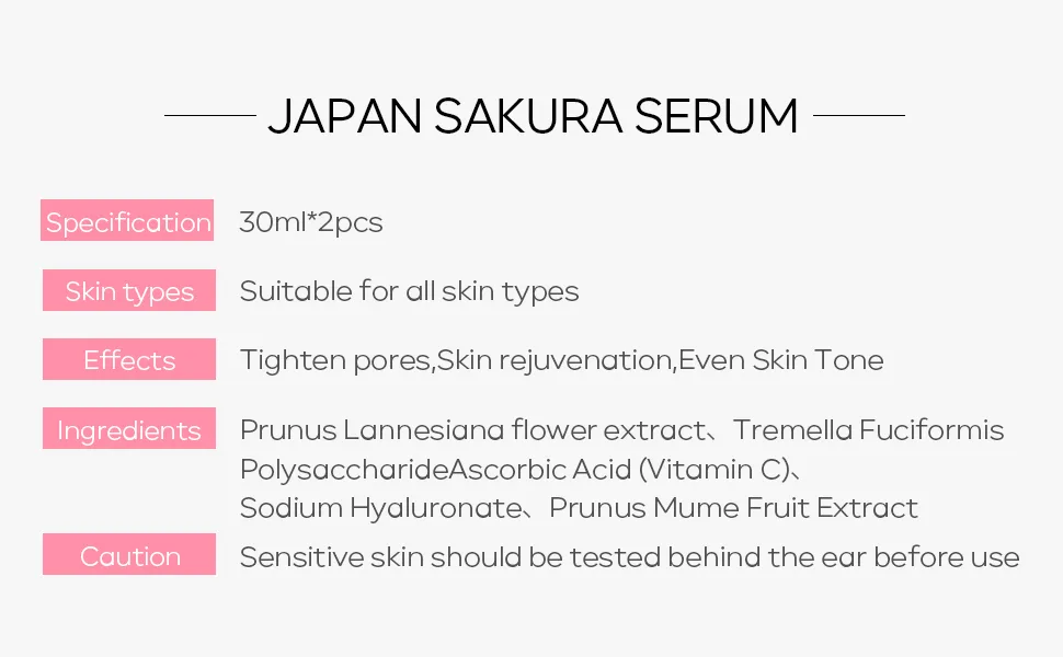 JAPAN SAKURA Serum Cherry Blossoms Facial Essence Hydrating Reducing Dark Spots Fine Lines 30ml x 2pcs 30mlx2 - serum for face