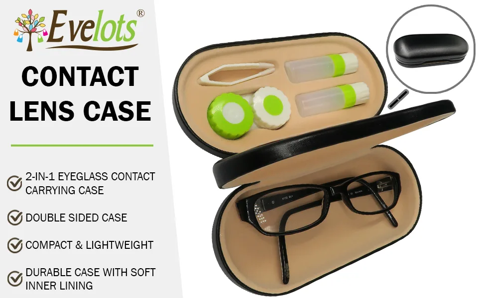 Evelots Contact Lens Case - Double Sided - Mirror-Rigid Out/Soft In-Travel - Black - product information 1