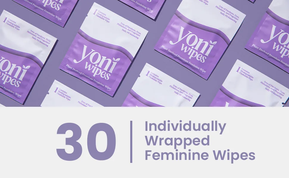 30 Count Biodegradable & Flushable Feminine Wipes pH-Balanced Aloe Vera & Vitamin E Individually Wrapped for Travel and On-the-Go Use - feminine wipes